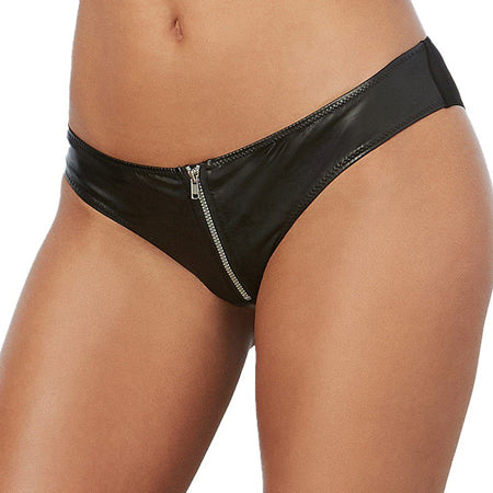 Dreamgirl Faux-Leather, Stretch-Knit Cheeky Panty with Zipper Front Black S Hanging - Not Very Vanilla