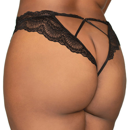 Dreamgirl Lace Tanga Open-Crotch Panty and Elastic Open Back Detail Black 2X Hanging - Not Very Vanilla