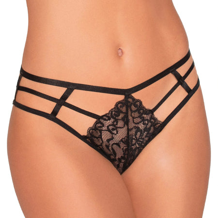 Dreamgirl Strappy Cheeky Panty with Center Front Lace Detail Black L Hanging - Not Very Vanilla