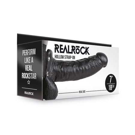 RealRock Realistic 7 in. Hollow Strap-On With Balls Black - Not Very Vanilla