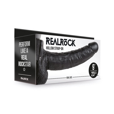 RealRock Realistic 9 in. Hollow Strap-On With Balls Black - Not Very Vanilla