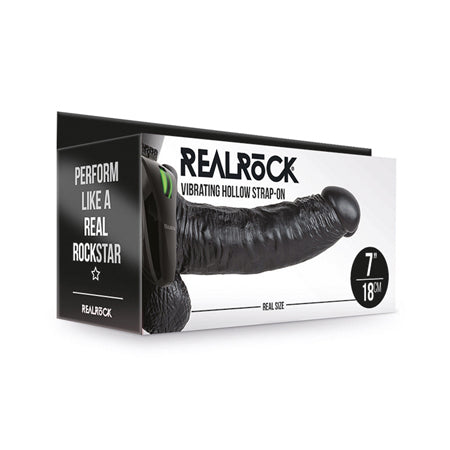 RealRock Realistic 7 in. Vibrating Hollow Strap-On With Balls Black - Not Very Vanilla