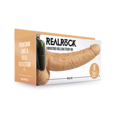 RealRock Realistic 9 in. Vibrating Hollow Strap-On With Balls Tan - Not Very Vanilla