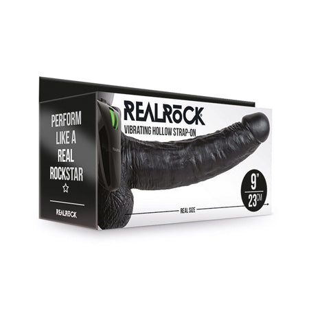 RealRock Realistic 9 in. Vibrating Hollow Strap-On With Balls Black - Not Very Vanilla