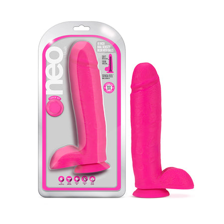 Blush Neo 10 in. Dual Density Dildo with Balls & Suction Cup Neon Pink - Not Very Vanilla