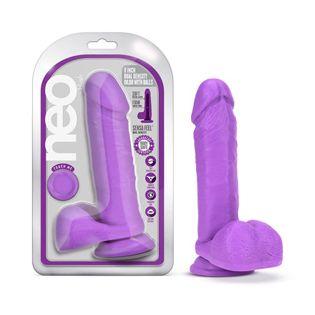 Blush Neo 8 in. Dual Density Dildo with Balls & Suction Cup Neon Purple - Not Very Vanilla