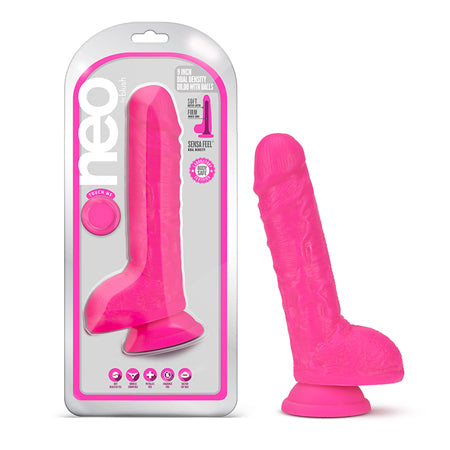 Blush Neo 9 in. Dual Density Dildo with Balls & Suction Cup Neon Pink - Not Very Vanilla