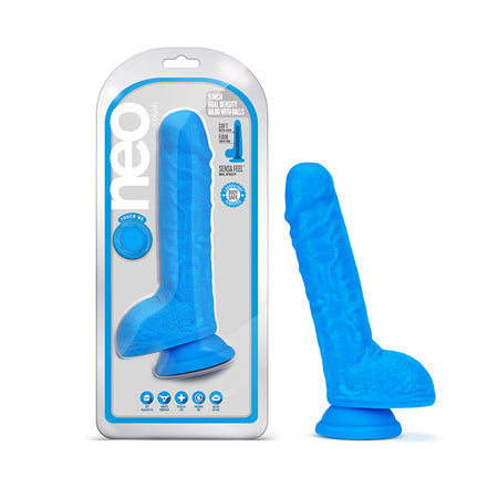 Blush Neo 9 in. Dual Density Dildo with Balls & Suction Cup Neon Blue - Not Very Vanilla