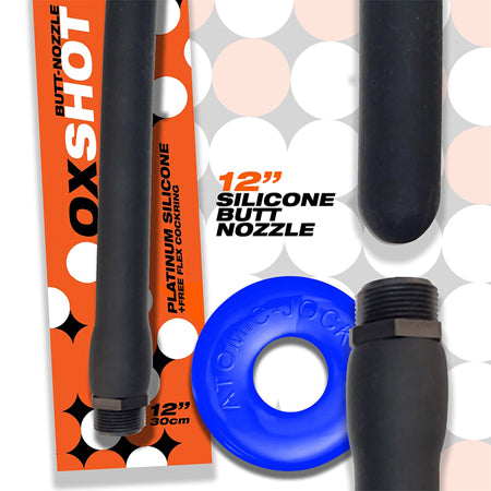 Oxballs Oxshot Butt Nozzle Shower Hose 12 in. + Flex Cockring Black - Not Very Vanilla