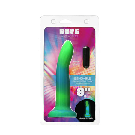 Addiction Rave Bendable 8 in. Silicone Dildo Glow in the Dark Blue Green - Not Very Vanilla