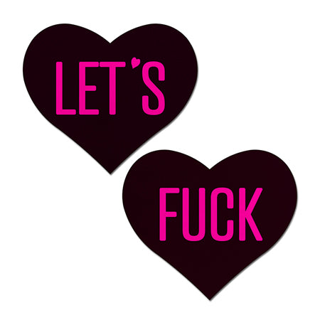 Pastease Love: Let's Fuck Black Heart on Neon Pink Base Nipple Pasties - Not Very Vanilla