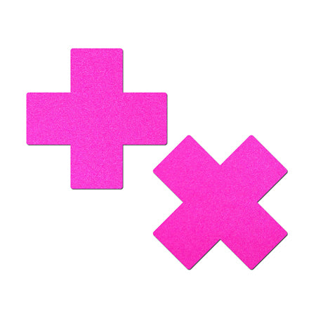 Pastease Plus X: Neon Pink Day-Glow Lycra Cross Nipple Pasties - Not Very Vanilla