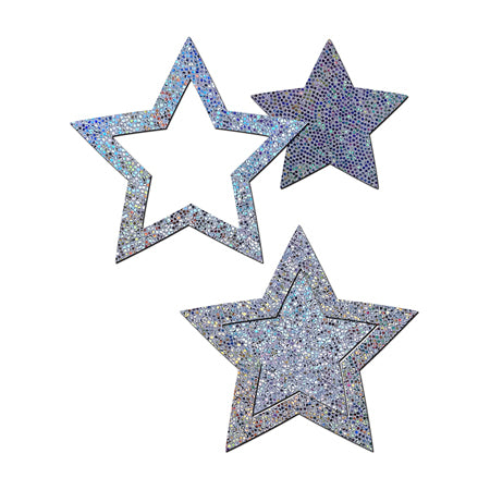 Pastease Peek-a-Boob: Silver Glitter Star Frame & Center Nipple Pasties - Not Very Vanilla