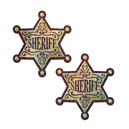 Pastease Sheriff Star: Glittering Golden Sheriff's Badge Nipple Pasties - Not Very Vanilla