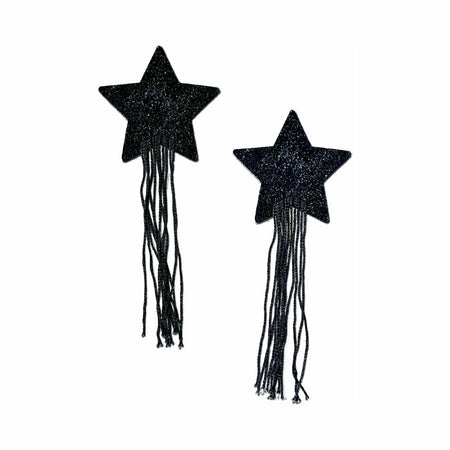 Tassel Pasties: Black Sparkle Star Pastease with Long Fringe Nipple Pasties - Not Very Vanilla