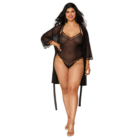 Dreamgirl Mesh Robe & Strappy Back Teddy With Lace Trim Black 1XL Hanging - Not Very Vanilla