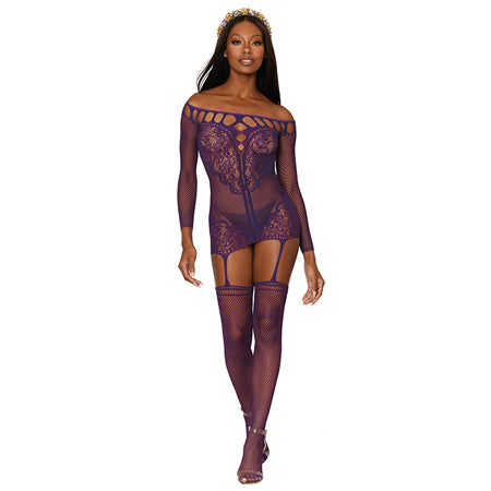 Dreamgirl Fishnet Lace Garter Dress With Attached Stockings Aubergine O/S - Not Very Vanilla