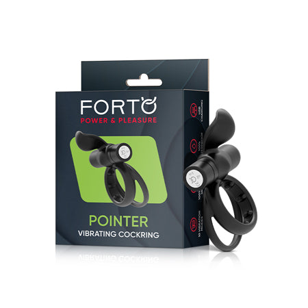 Forto Pointer Rechargeable Silicone Vibrating Dual Cockring with External Stimulator Black - Not Very Vanilla