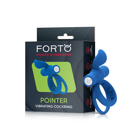 Forto Pointer Rechargeable Silicone Vibrating Dual Cockring with External Stimulator Blue - Not Very Vanilla