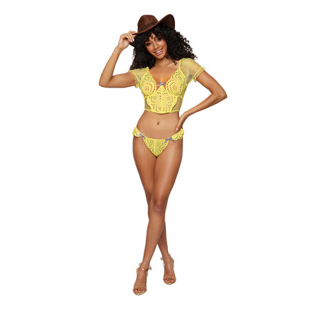 Dreamgirl Embroidered Eyelet Band and Stretch Fishnet Bustier and G-string Set Citrus L - Not Very Vanilla