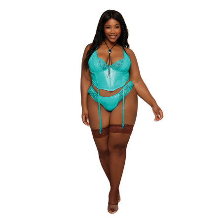 Dreamgirl Stretch Vinyl and Lace Bustier and G-string Set Ocean 1XL - Not Very Vanilla