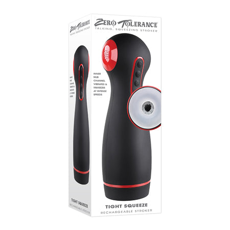 Zero Tolerance Tight Squeeze Rechargeable Vibrating Squeezing Talking Stroker TPE Black/Red - Not Very Vanilla