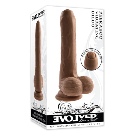 Evolved Peek A Boo Rechargeable Vibrating 8 in. Silicone Uncircumcised Dildo with Power Boost Dark - Not Very Vanilla