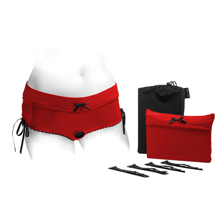 SpareParts Sasha Cinch Booty Short Harness Red/Black Size XXS - Not Very Vanilla