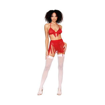 Dreamgirl Chainette Fringe Bralette, Garter Belt, and G-String Set Ruby O/S - Not Very Vanilla