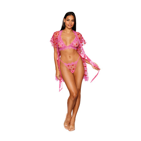 Dreamgirl Flocked Heart Mesh and Eyelash Lace Robe, Bralette, and G-string Set Peony L - Not Very Vanilla