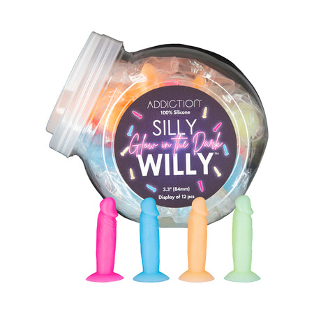 Addiction Silly Willy Glow-in-the-Dark 3.3 in. Silicone Dildo 12-Piece Fishbowl Display - Not Very Vanilla