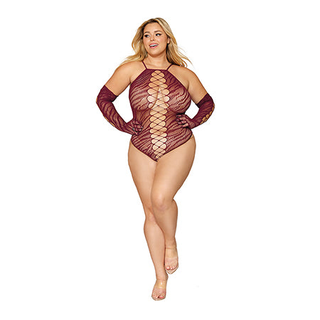 Dreamgirl Seamless Zebra Fishnet Teddy and Glove Set Burgundy Queen Size - Not Very Vanilla