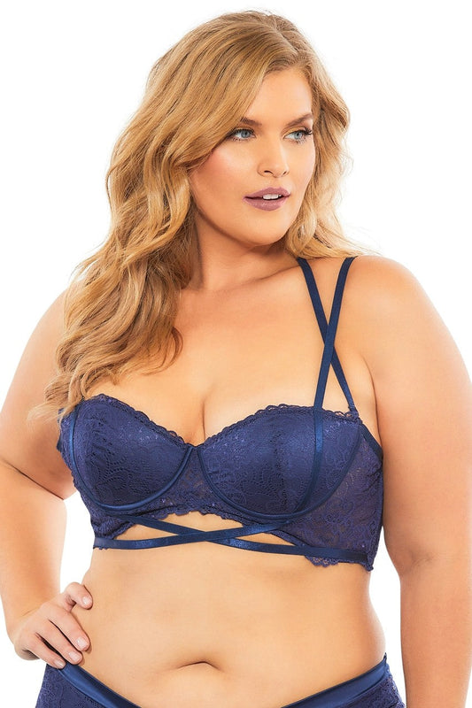 Lace Push Up Balconette Bra With Crossing Halter Straps - Estate Blue - 4x - Not Very Vanilla