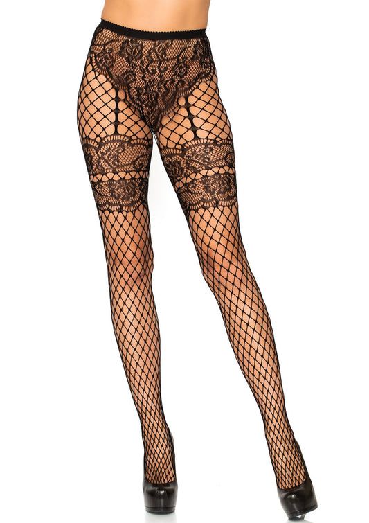 Lace French Cut Faux Garter Net Tights - One Size Black - Not Very Vanilla