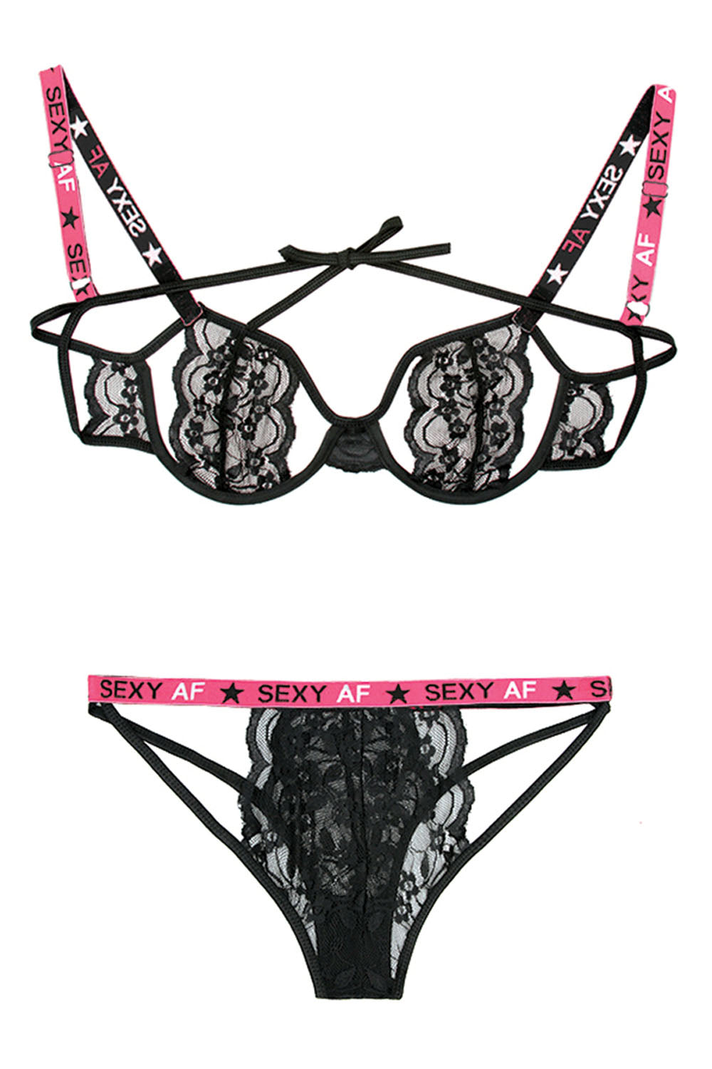 Sexy Af Cutout Bra & Panty Set - Pink/black - S/m - Not Very Vanilla