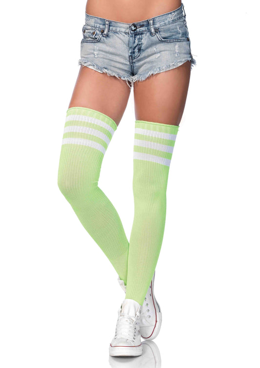 3 Stripes Athletic Ribbed Thigh Highs - One Size - Neon Green - Not Very Vanilla