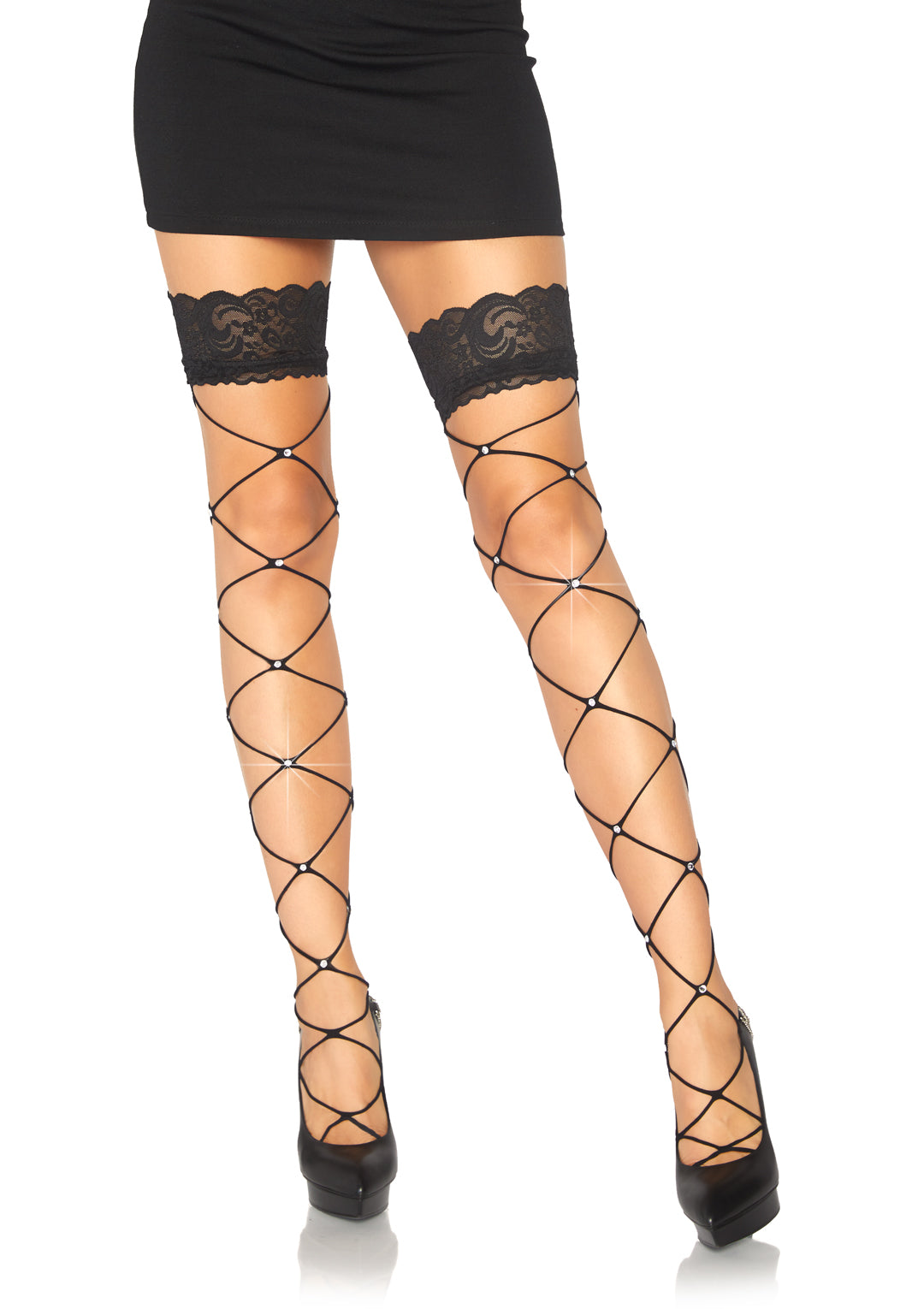 Crystalized Wide Net Lace Top Thigh Highs - One Size - Black - Not Very Vanilla