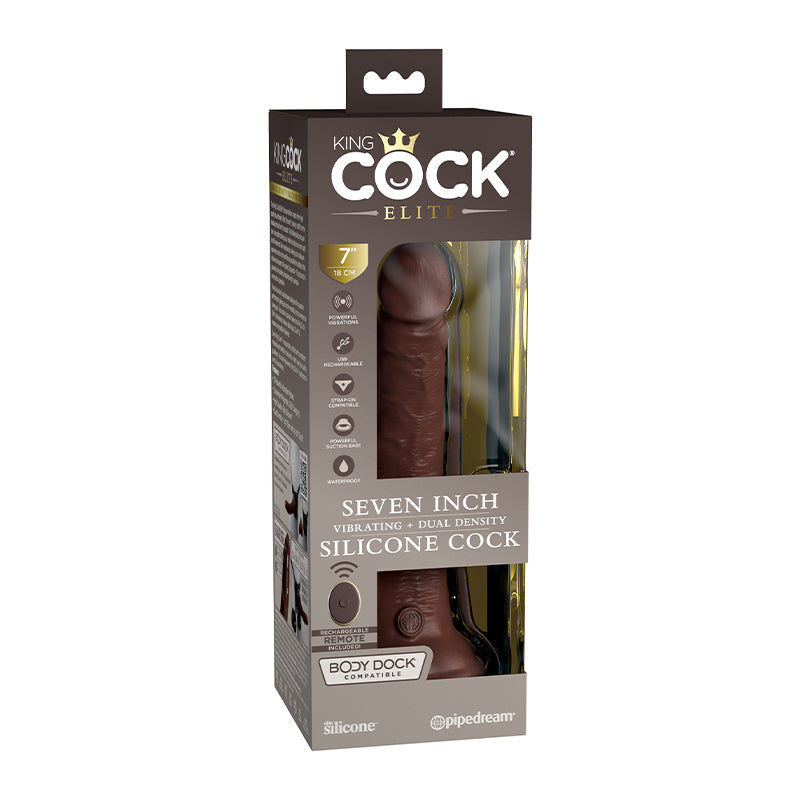 King Cock Elite 7 Inch Vibrating Silicone Dual Silicone Dual Density Cock With Remote - Brown - Not Very Vanilla