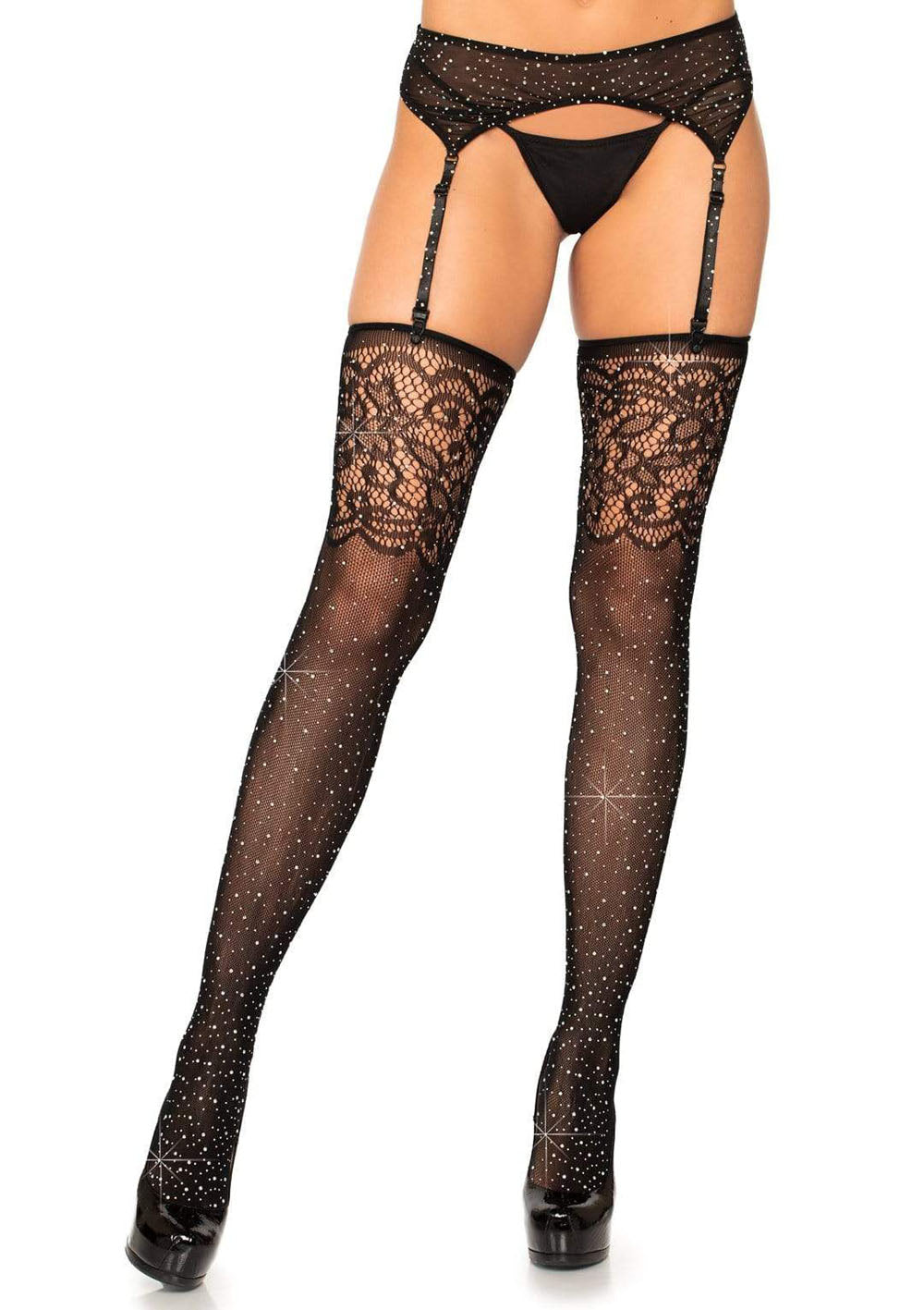 Rhinestone Lace Top Fishnet Stockings - One Size - Black - Not Very Vanilla