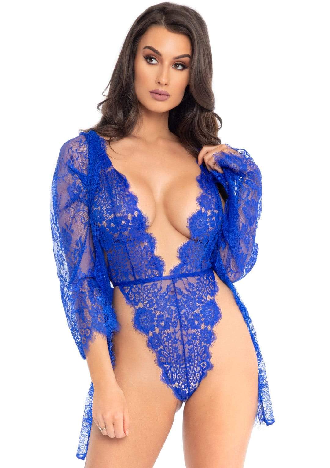 3pc Lace Teddy and Robe Set - Royal Blue - Small - Not Very Vanilla