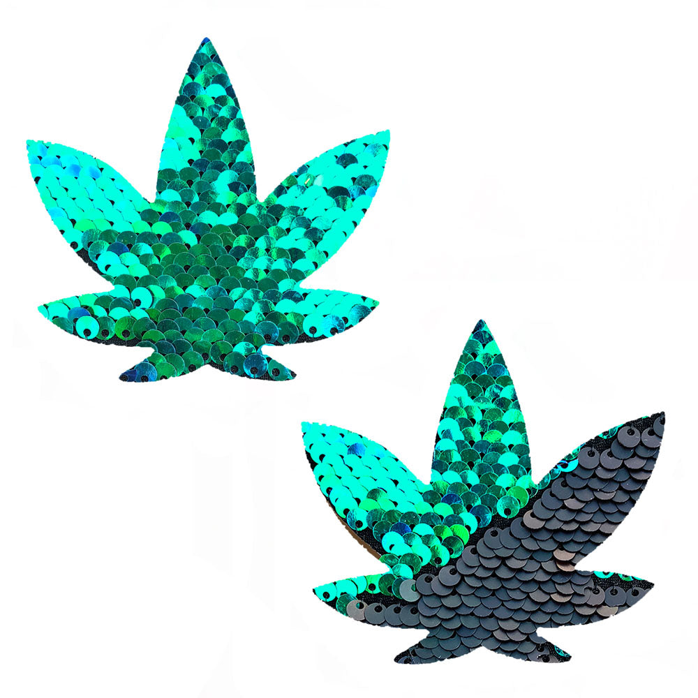 Ariel Green to Black Flip Sequin Gold Dope Af Weed Leak Pasties - Not Very Vanilla