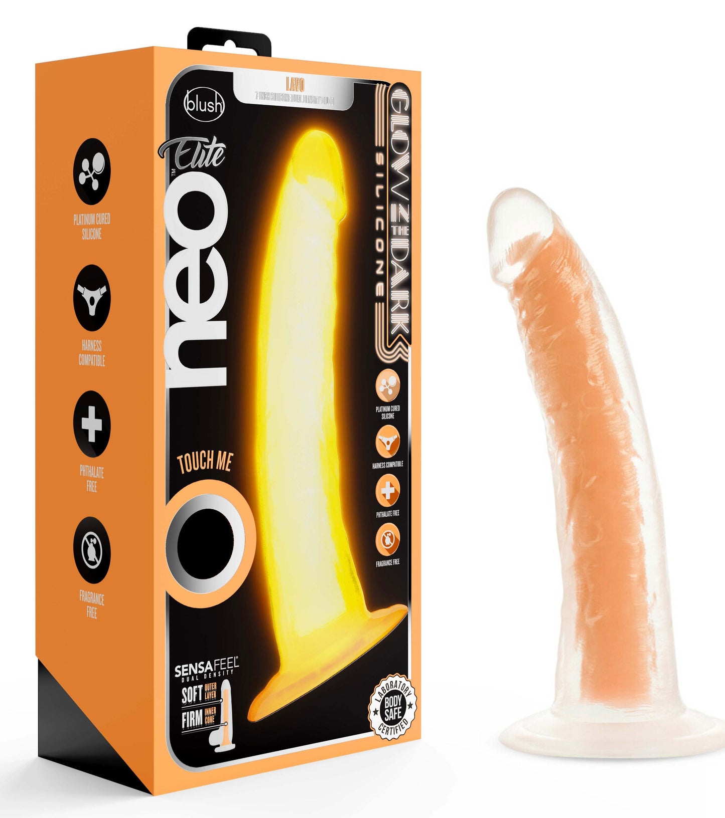 Neo Elite Glow in the Dark - Lavo - 7 Inch Silicone Dual Density Dildo - Neon Orange - Not Very Vanilla