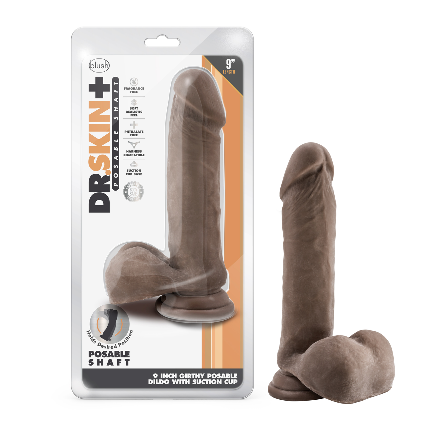 Dr. Skin Plus - 9 Inch Thick Posable Dildo With Balls - Chocolate - Not Very Vanilla