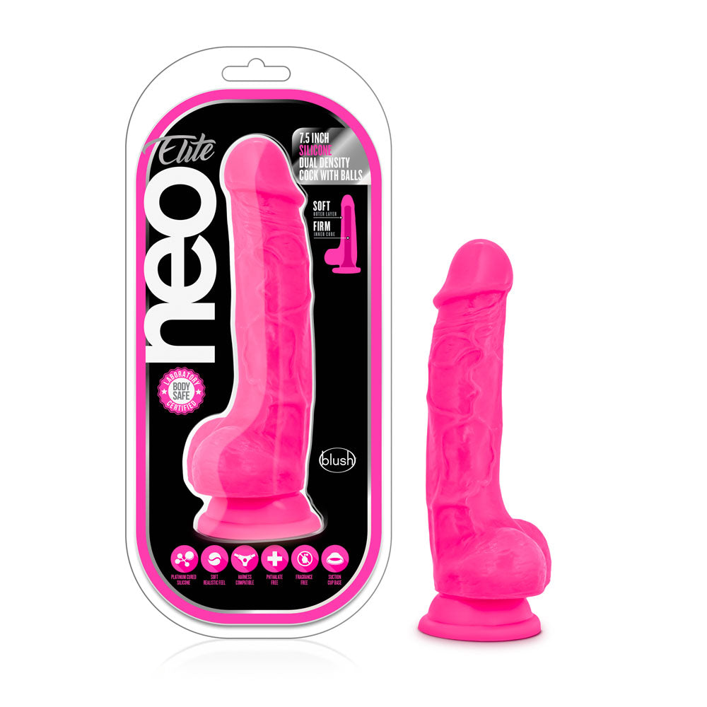 Neo Elite - 7.5 Inch Silicone Dual Density Cock With Balls - Neon Pink - Not Very Vanilla