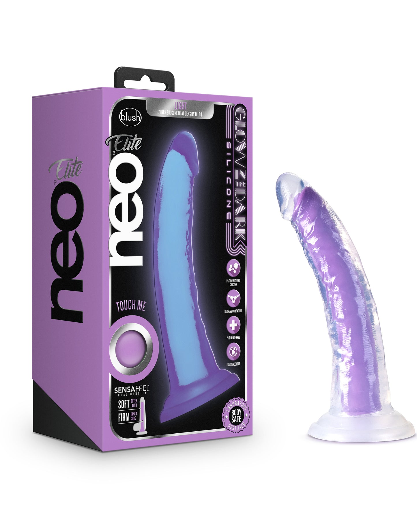 Neo Elite Glow in the Dark - Light - 7 Inch Silicone Dual Density Dildo - Neon Purple - Not Very Vanilla