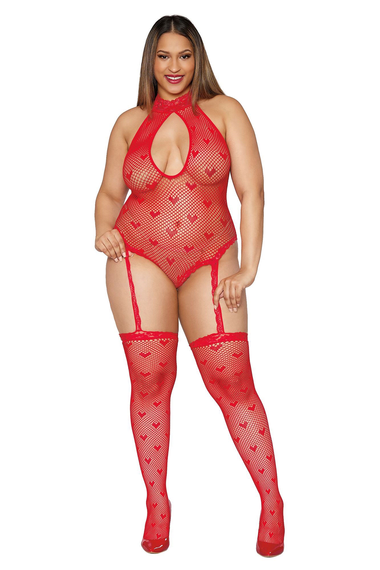 Teddy Bodystocking - Queen Size - Lipstick Red - Not Very Vanilla