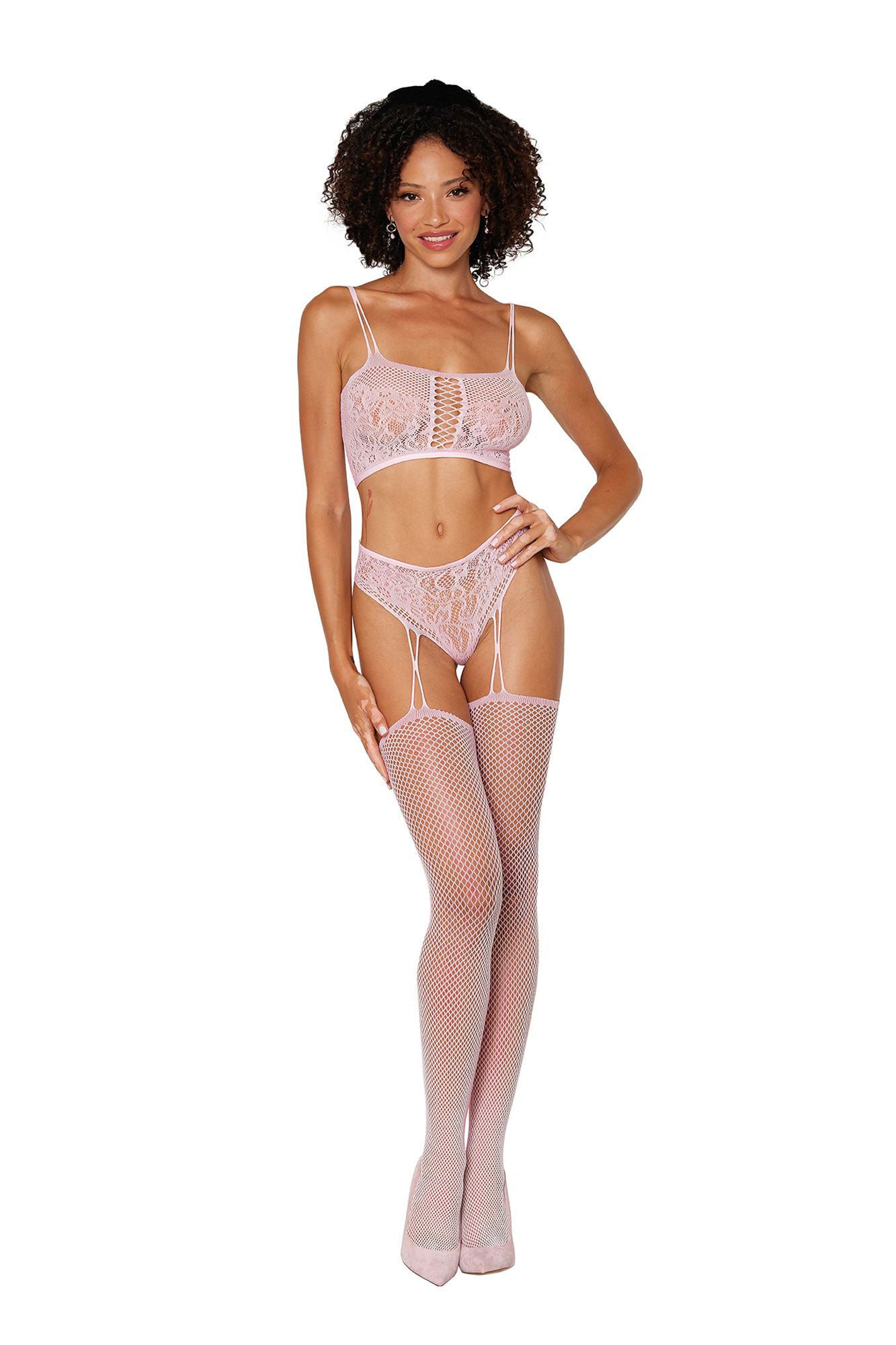 Bralette and Garter Hose - One Size - Pink - Not Very Vanilla