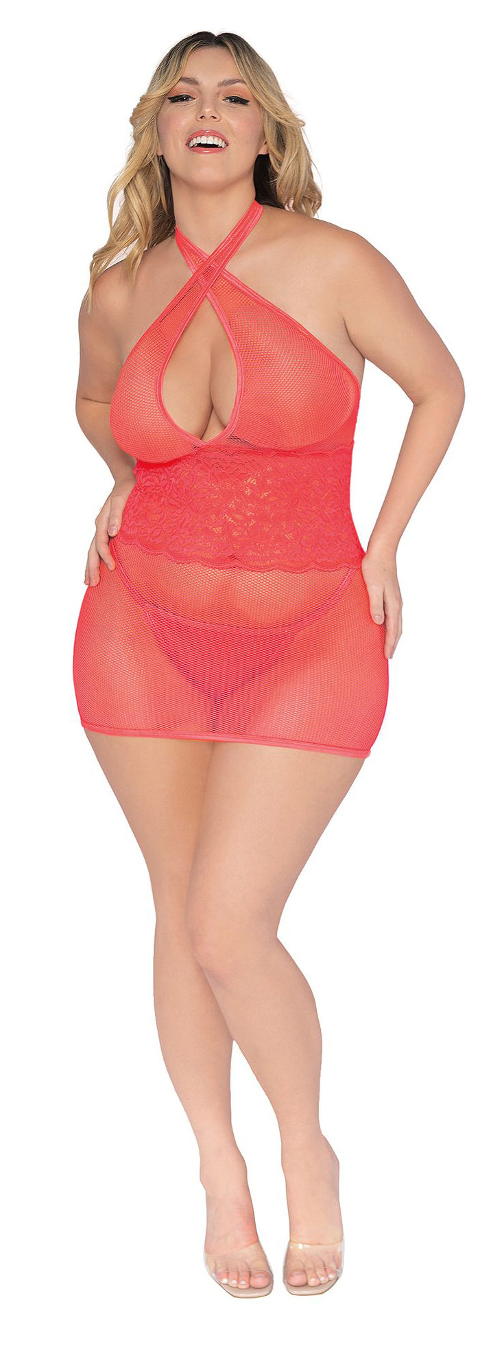 Stretch Fishnet and Scalloped Stretch Lace Chemise - Queen - Coral - Not Very Vanilla