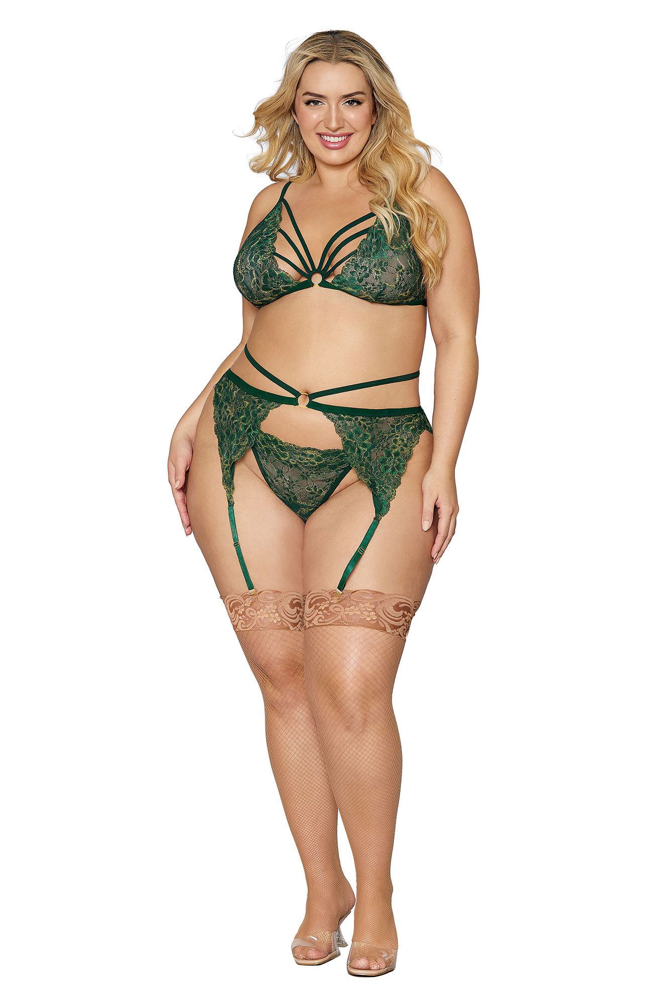 Bralette With Garter Belt and G-String - Queen Size - Evergreen - Not Very Vanilla