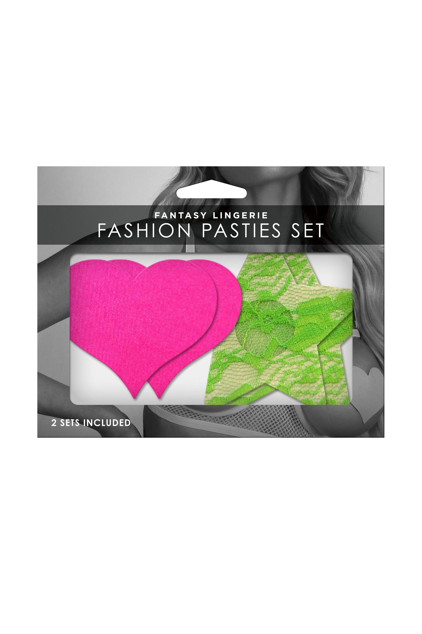 Fashion Pasties Set - Neon Pink Satin Heart and Neon Green Lace Star - Not Very Vanilla